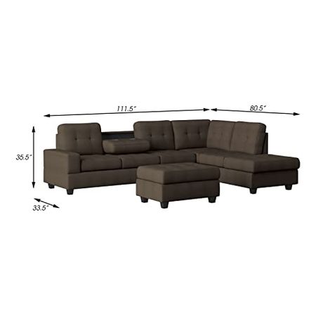 Lexicon Atlantis Tufted Fabric 3-Piece Reversible Sectional with Ottoman Set, Chocolate