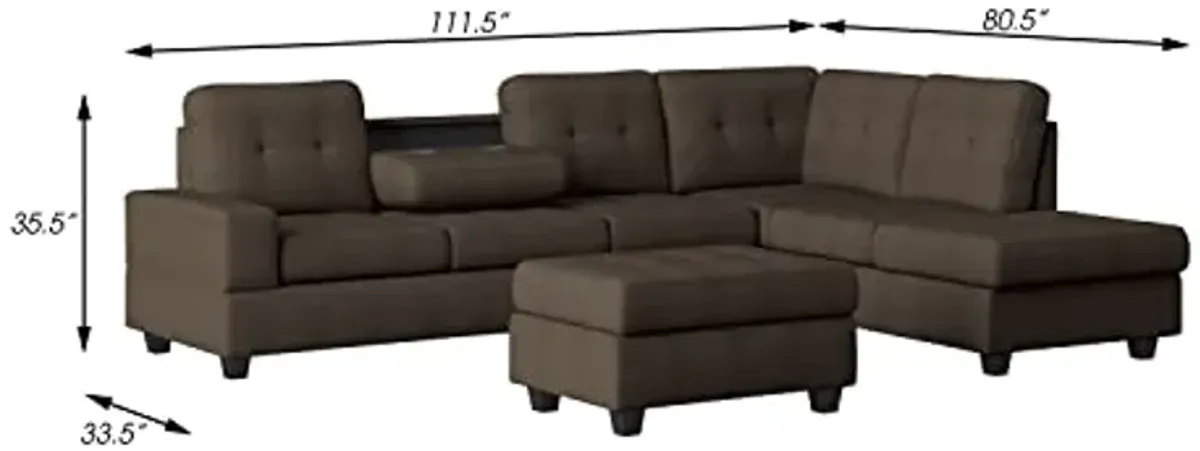 Lexicon Atlantis Tufted Fabric 3-Piece Reversible Sectional with Ottoman Set, Chocolate