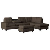 Lexicon Atlantis Tufted Fabric 3-Piece Reversible Sectional with Ottoman Set, Chocolate