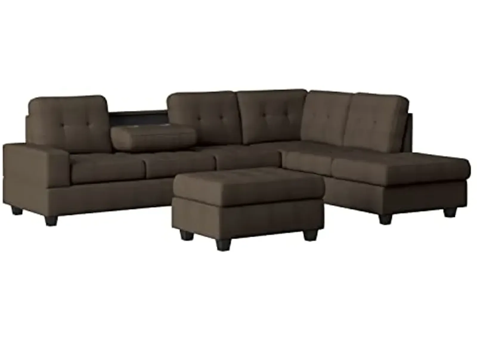 Lexicon Atlantis Tufted Fabric 3-Piece Reversible Sectional with Ottoman Set, Chocolate