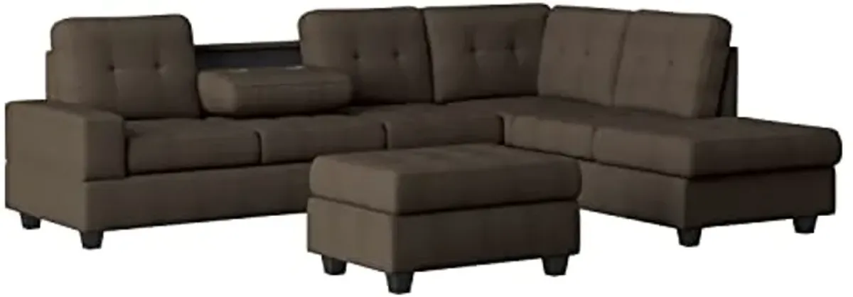 Lexicon Atlantis Tufted Fabric 3-Piece Reversible Sectional with Ottoman Set, Chocolate