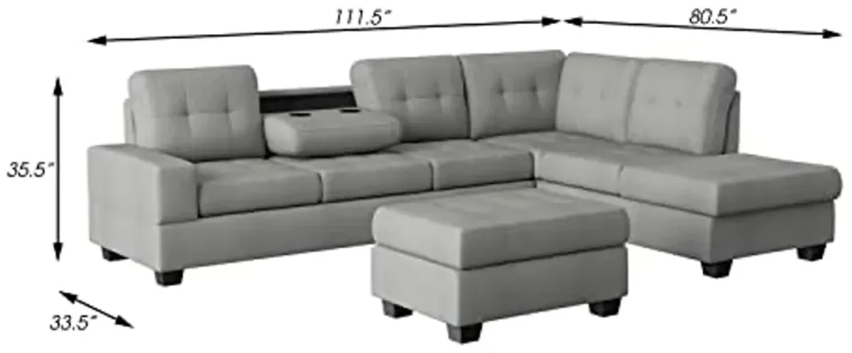 Lexicon Atlantis Tufted Fabric 3-Piece Reversible Sectional with Ottoman Set, Light Gray