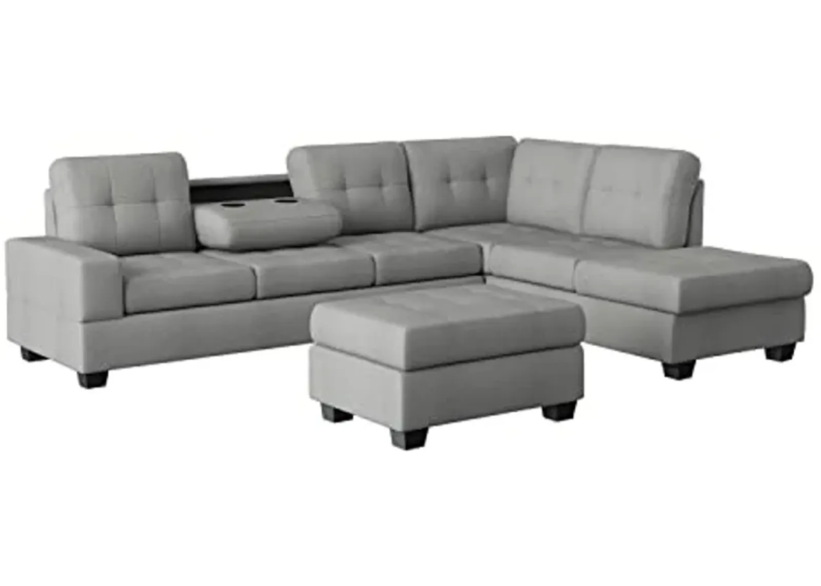 Lexicon Atlantis Tufted Fabric 3-Piece Reversible Sectional with Ottoman Set, Light Gray