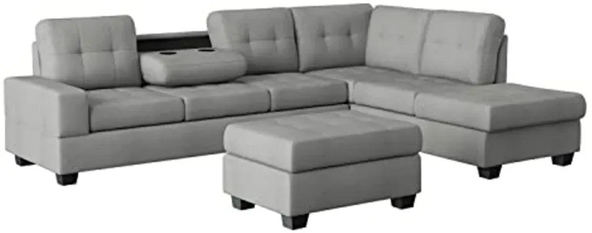 Lexicon Atlantis Tufted Fabric 3-Piece Reversible Sectional with Ottoman Set, Light Gray