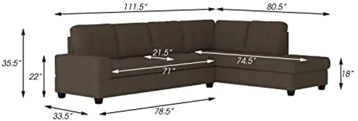 Lexicon Atlantis Tufted Fabric 2-Piece Reversible Sectional Sofa with Chaise, Chocolate