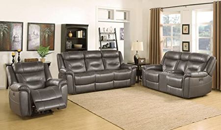 Lexicon Finlay Top Grain Leather 3-Piece Power Reclining Living Room Set, Brownish Gray