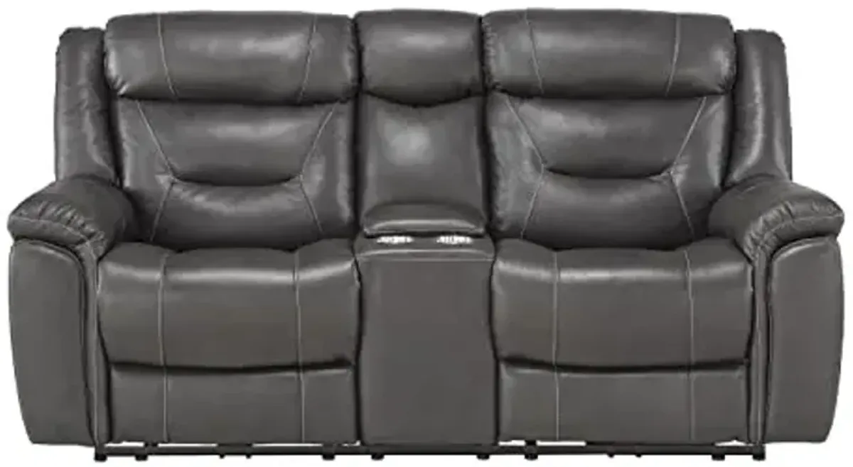 Lexicon Finlay Top Grain Leather Power Double Reclining Love Seat with Center Console, Dark Gray