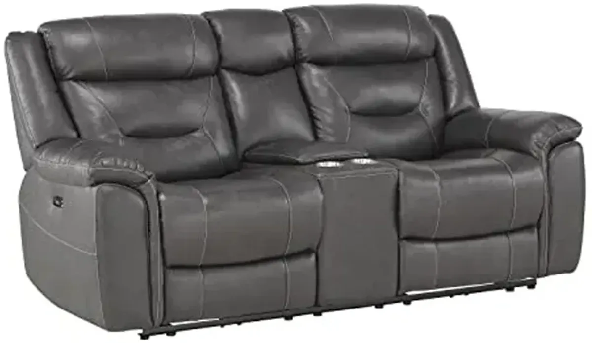 Lexicon Finlay Top Grain Leather Power Double Reclining Love Seat with Center Console, Dark Gray