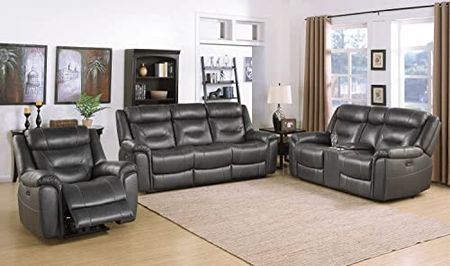 Lexicon Finlay Top Grain Leather 3-Piece Power Reclining Living Room Set, Dark Gray