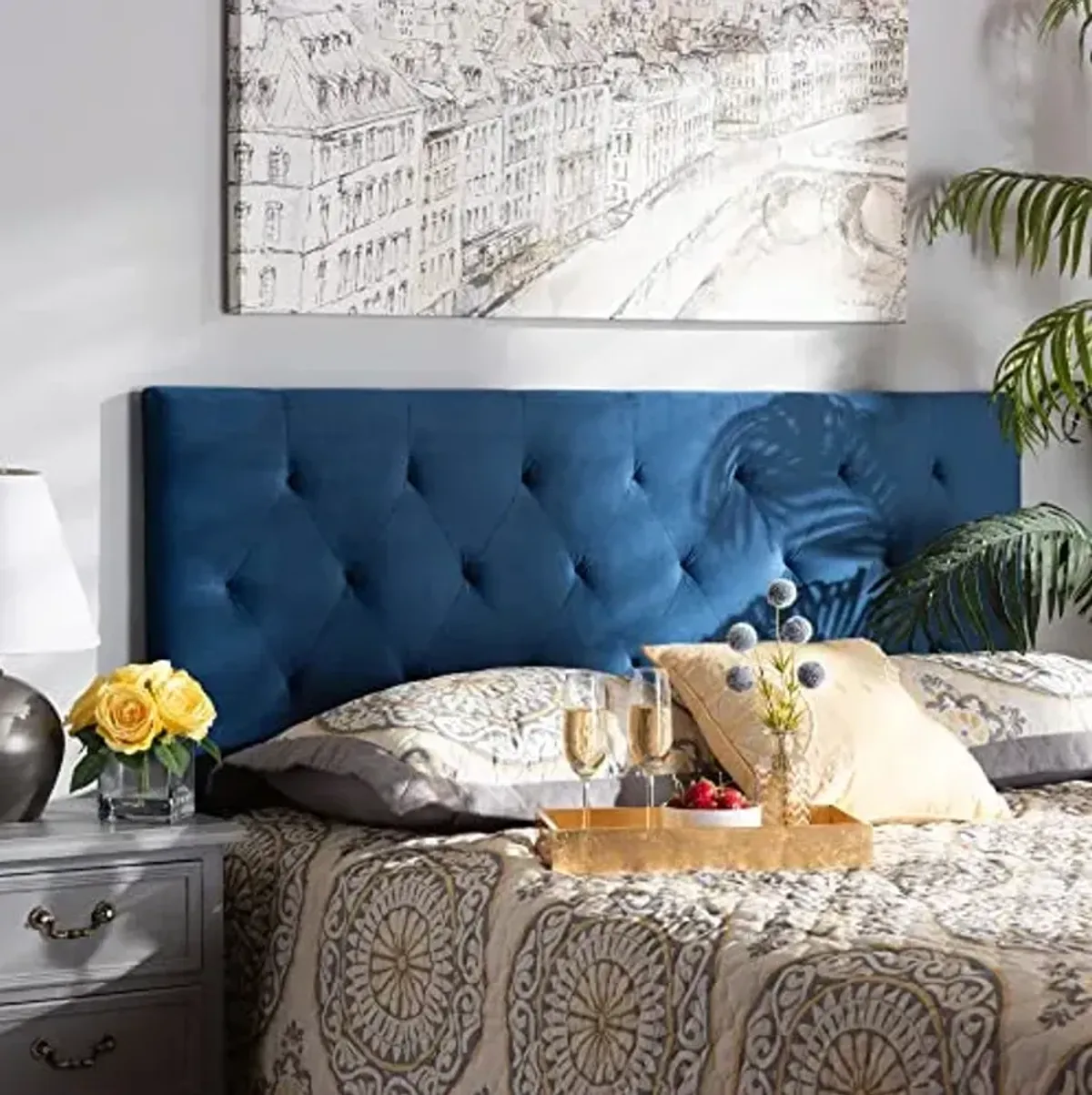 Baxton Studio Felix Modern and Contemporary Navy Blue Velvet Fabric Upholstered Full Size Headboard