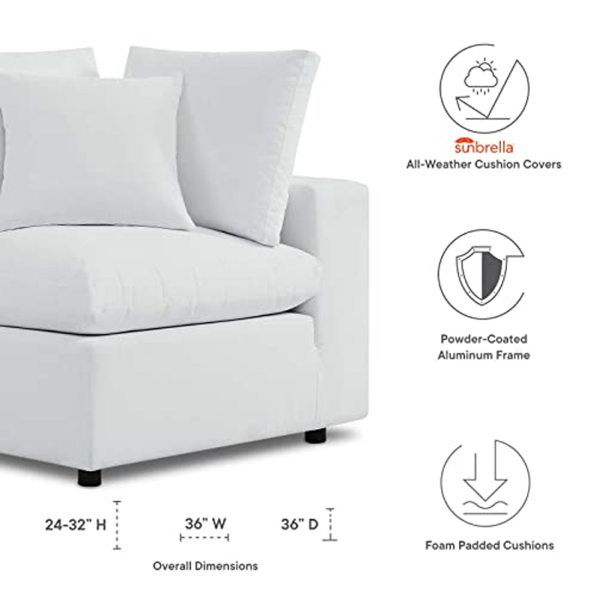 Modway Commix Outdoor Patio Sunbrella® Sectional Sofa Corner Chair in White