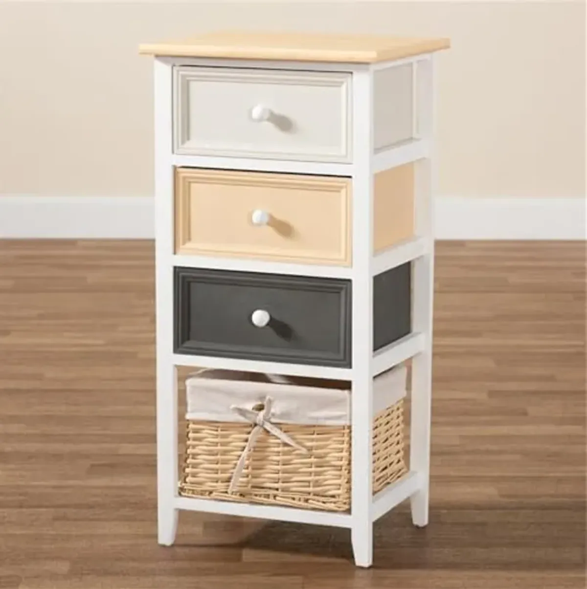 Baxton Studio Adonis Mid-Century Modern Transitional Multi-Colored Wood 3-Drawer Storage Unit with Basket