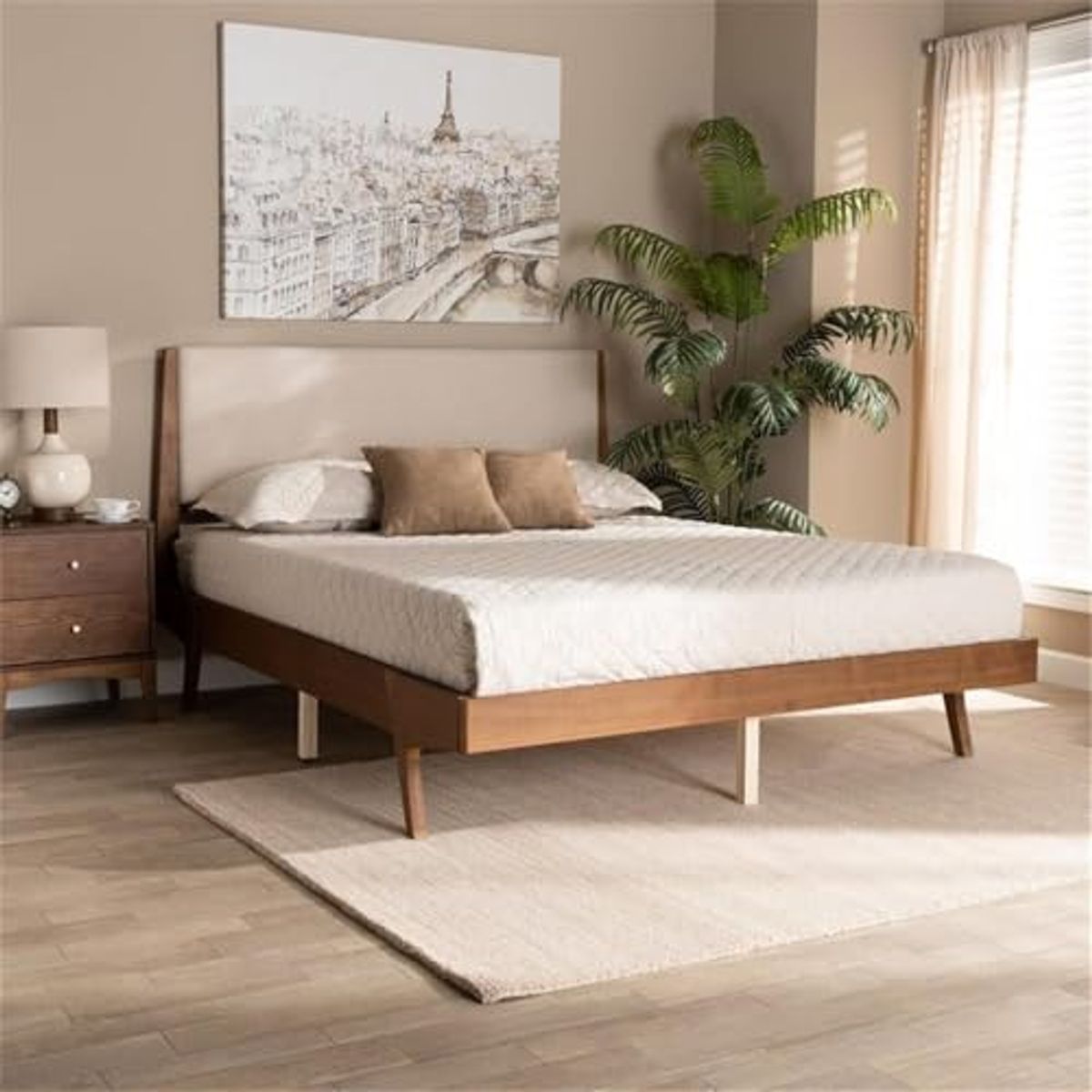 Baxton Studio Senna Mid-Century Modern Beige Fabric Upholstered and Walnut Brown Finished Wood King Size Platform Bed