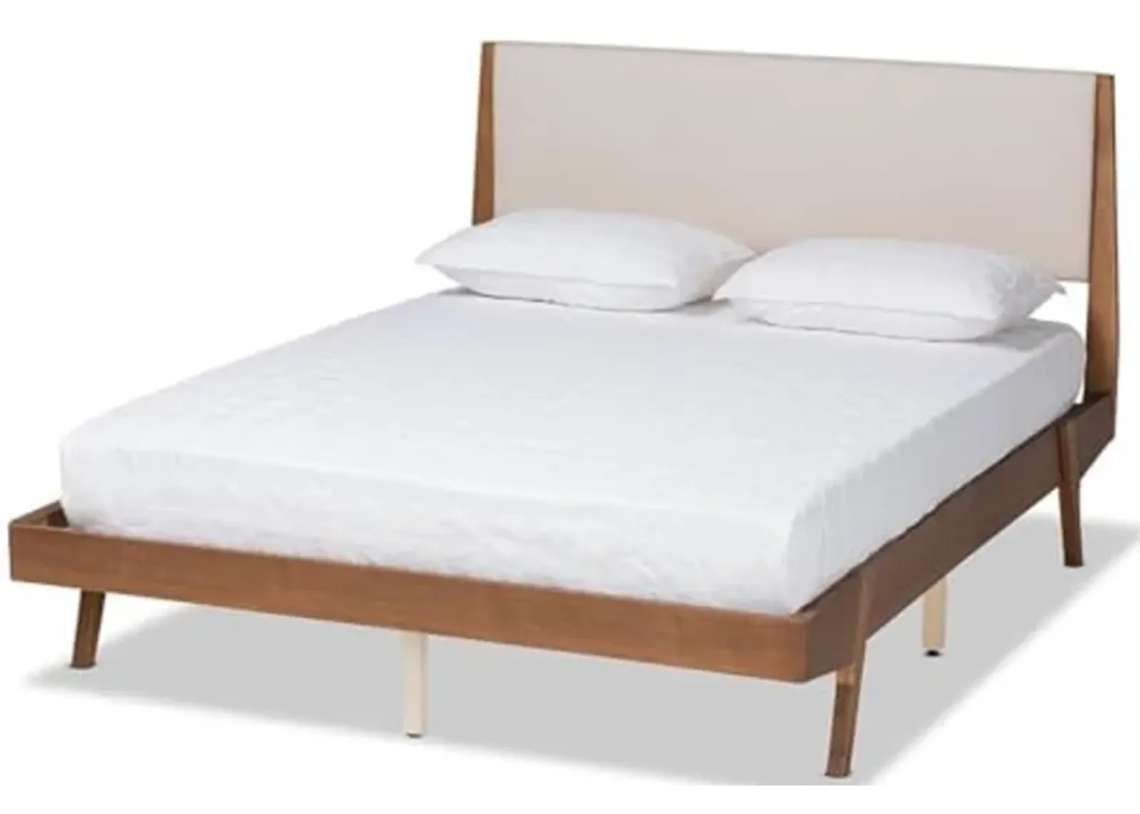 Baxton Studio Senna Mid-Century Modern Beige Fabric Upholstered and Walnut Brown Finished Wood King Size Platform Bed