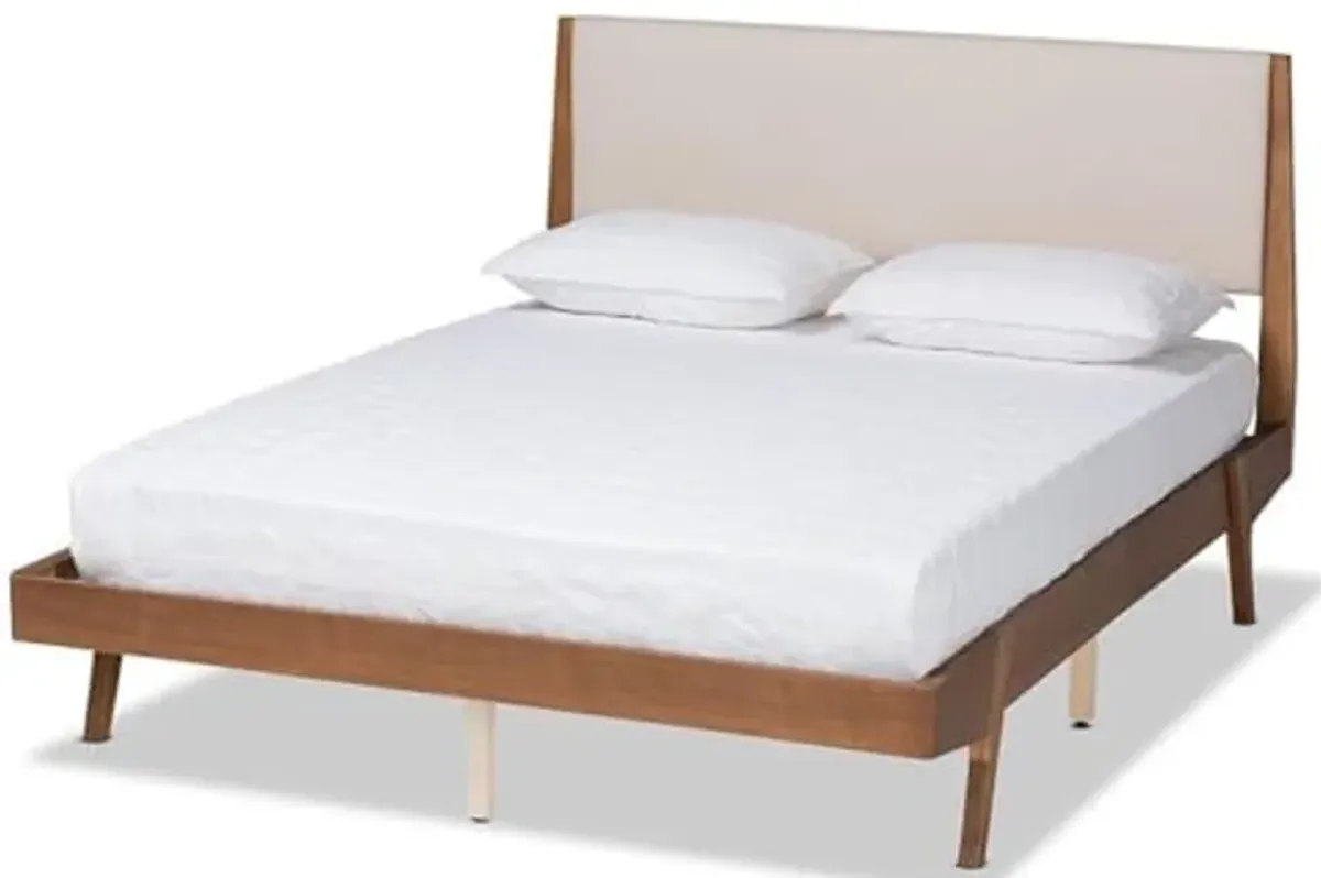 Baxton Studio Senna Mid-Century Modern Beige Fabric Upholstered and Walnut Brown Finished Wood King Size Platform Bed