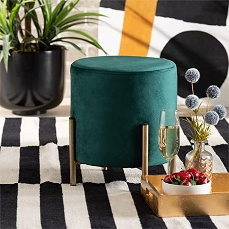 Baxton Studio Thurman Green Velvet and Gold Finished Metal Ottoman