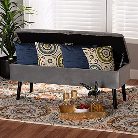 Baxton Studio Caine Modern and Contemporary Grey Velvet Fabric Upholstered and Dark Brown Finished Wood Storage Bench
