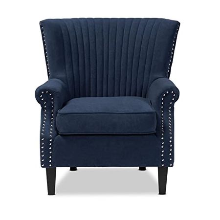 Baxton Studio Wilhelm Classic and Traditional Navy Blue Velvet Fabric Upholstered and Dark Brown Finished Wood Armchair