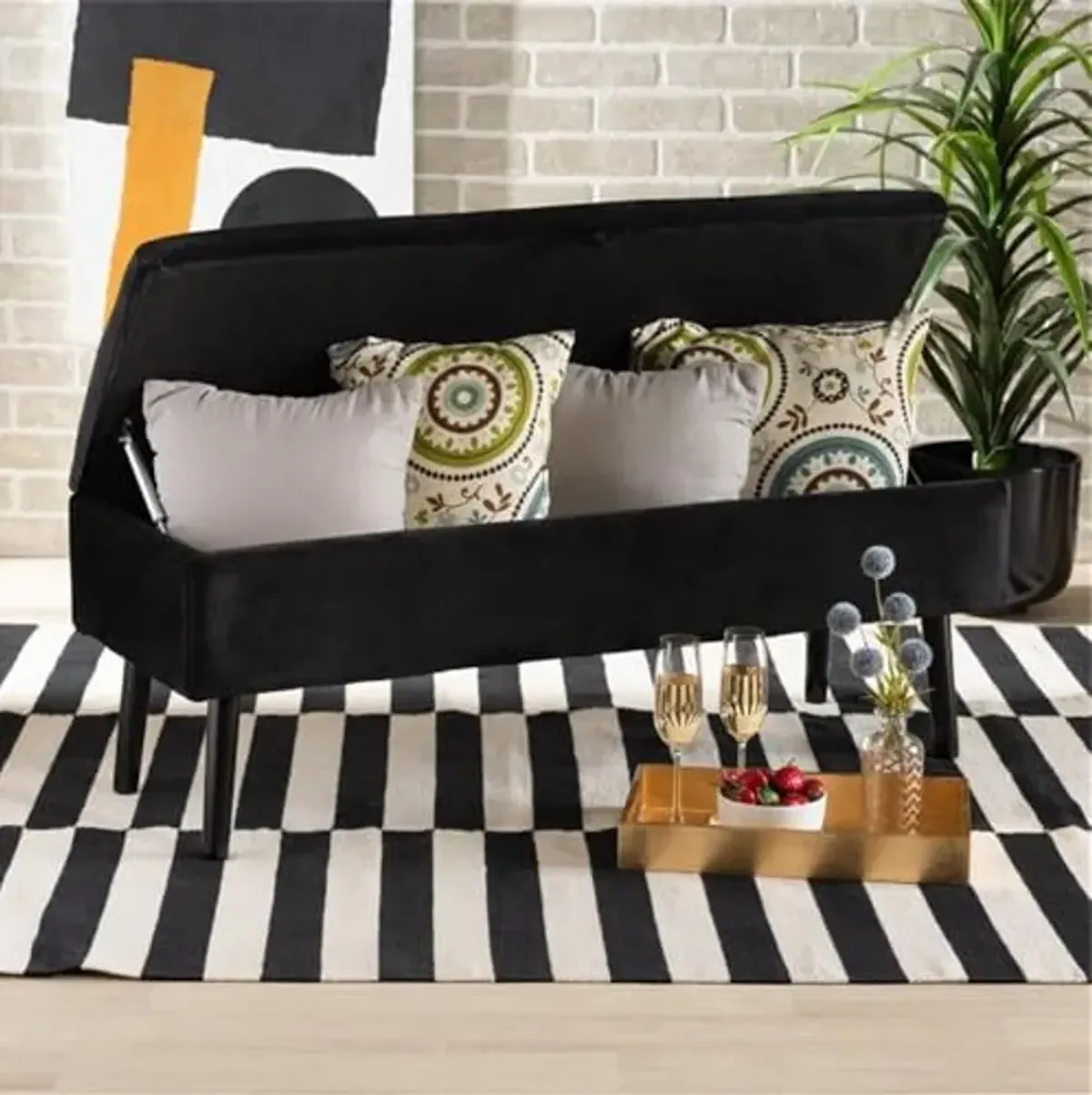 Baxton Studio Caine Modern and Contemporary Black Velvet Fabric Upholstered and Dark Brown Finished Wood Storage Bench