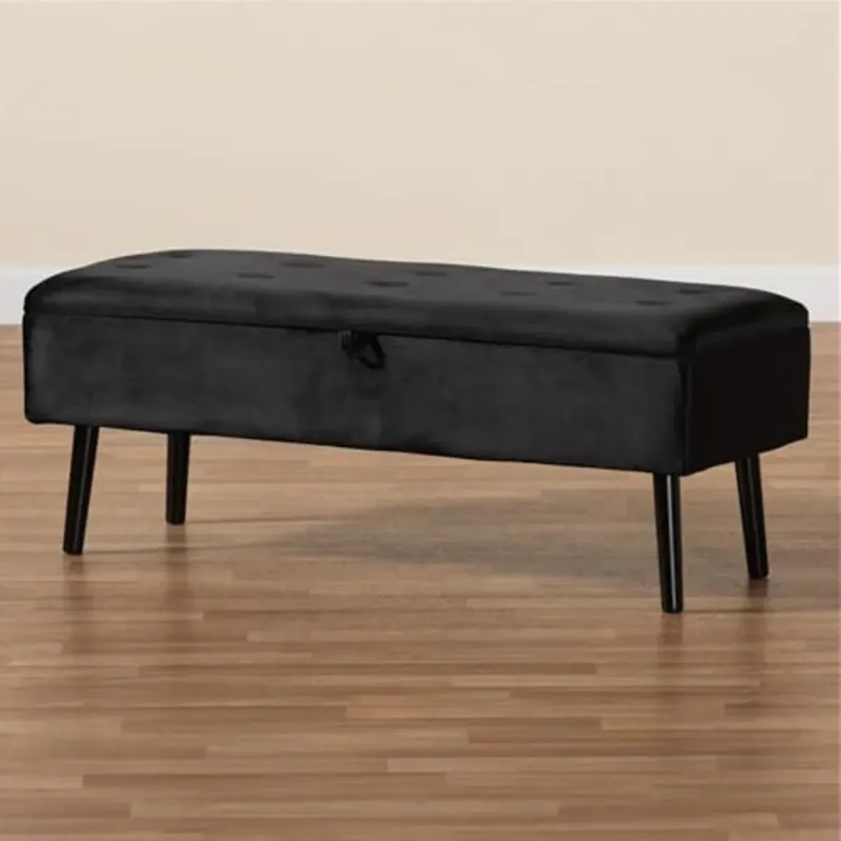 Baxton Studio Caine Modern and Contemporary Black Velvet Fabric Upholstered and Dark Brown Finished Wood Storage Bench