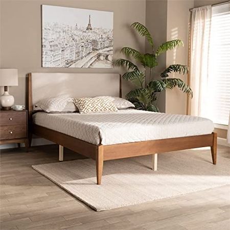 Baxton Studio Lenora Mid-Century Modern Beige Fabric Upholstered and Walnut Brown Finished Wood Full Size Platform Bed