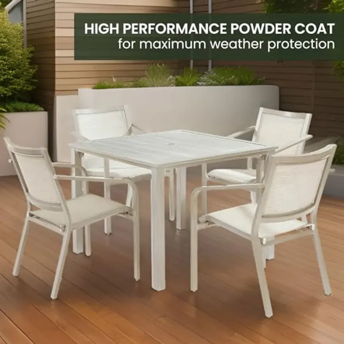 Hanover Morrison 5-Piece Outdoor Dining Set with 4 Aluminum Sling Chairs and Slat Top 38" Square Table, Rust-Resistant Outdoor Patio Dining Set for 4