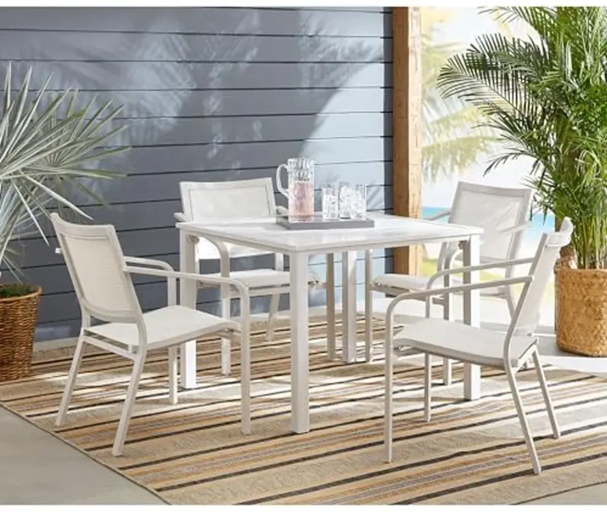 Hanover Morrison 5-Piece Outdoor Dining Set with 4 Aluminum Sling Chairs and Slat Top 38" Square Table, Rust-Resistant Outdoor Patio Dining Set for 4