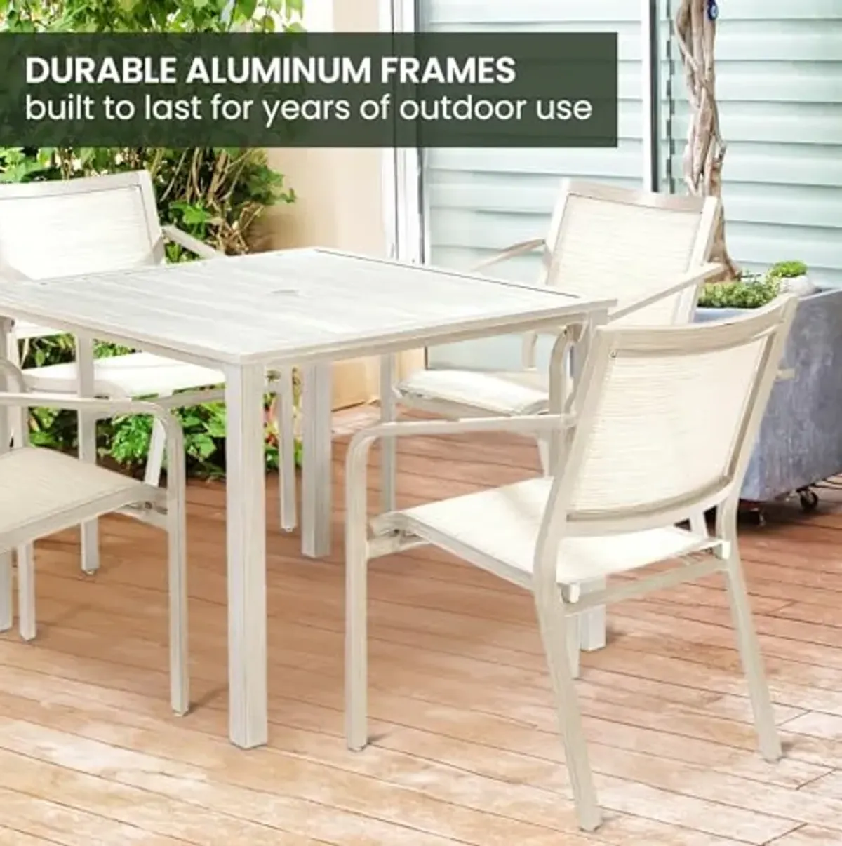 Hanover Morrison 5-Piece Outdoor Dining Set with 4 Aluminum Sling Chairs and Slat Top 38" Square Table, Rust-Resistant Outdoor Patio Dining Set for 4