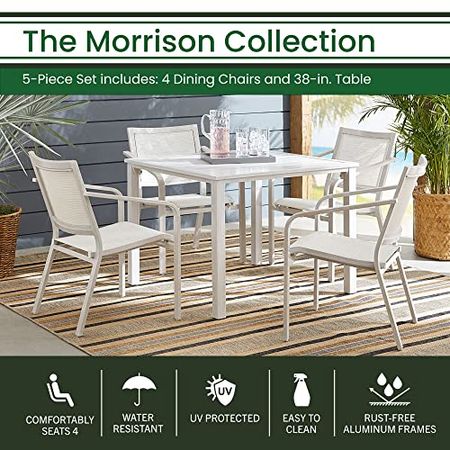 Hanover Morrison 5-Piece Set with 4 Stackable Aluminum Sling Chairs and 38-in. Square Dining Table Outdoor Costal Slat Top, Rust-Resistant-MORDN5PC-WHT, White/Multi
