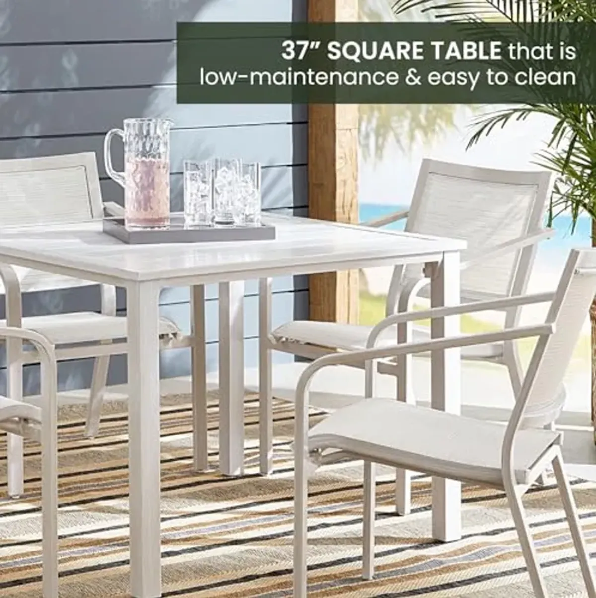 Hanover Morrison 5-Piece Outdoor Dining Set with 4 Aluminum Sling Chairs and Slat Top 38" Square Table, Rust-Resistant Outdoor Patio Dining Set for 4