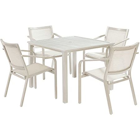 Hanover Morrison 5-Piece Set with 4 Stackable Aluminum Sling Chairs and 38-in. Square Dining Table Outdoor Costal Slat Top, Rust-Resistant-MORDN5PC-WHT, White/Multi