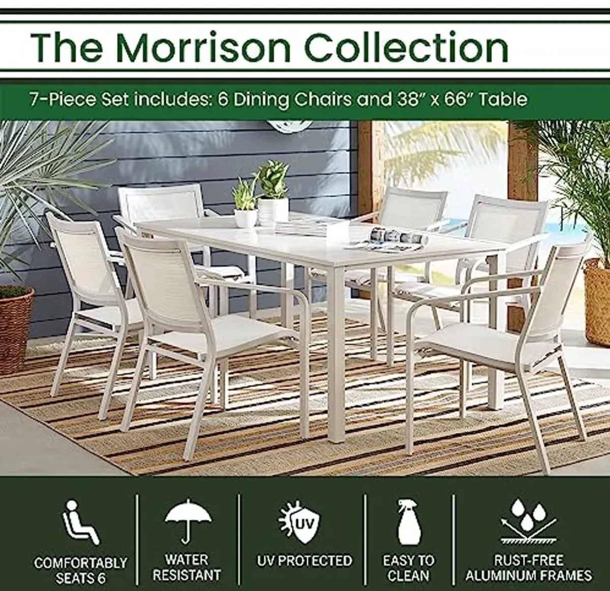 Hanover Morrison 7-Piece Outdoor Dining Set with 6 Aluminum Sling Chairs and Slat Top 38" Square Table, Rust-Resistant Outdoor Patio Dining Set for 6