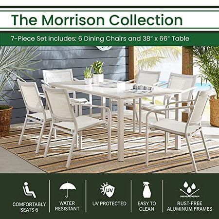 Hanover Morrison 7-Piece Set with 6 Stackable Aluminum Sling Chairs and 66-in. x 38-in. Dining Table Outdoor Costal Slat Top 66" x 38", Rust-Resistant-MORDN7PC-WHT, White/Multi
