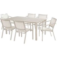 Hanover Morrison 7-Piece Set with 6 Stackable Aluminum Sling Chairs and 66-in. x 38-in. Dining Table Outdoor Costal Slat Top 66" x 38", Rust-Resistant-MORDN7PC-WHT, White/Multi