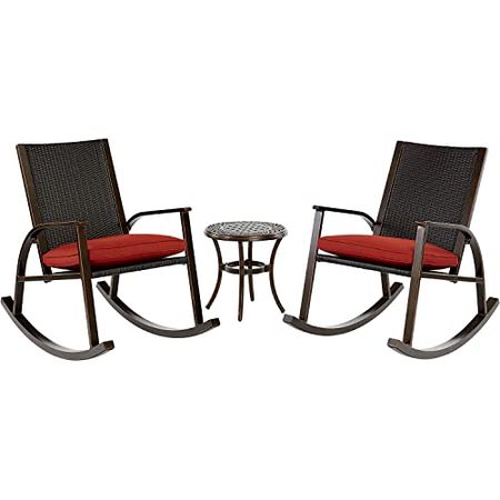 Traditions 3-Piece Chat Set in Red with 2 Aluminum Wicker Back Cushioned Rocking Chairs and 18-in. Side Table