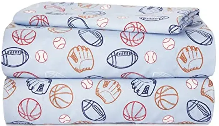 Heritage Kids 4-Piece Full Sheet Set – Sports Print Bedding with Top Sheet, Fitted Sheet & 2 Pillowcases – Soft Microfiber Sheets for Boys Bedroom, Blue, Machine Washable, All Season Comfort