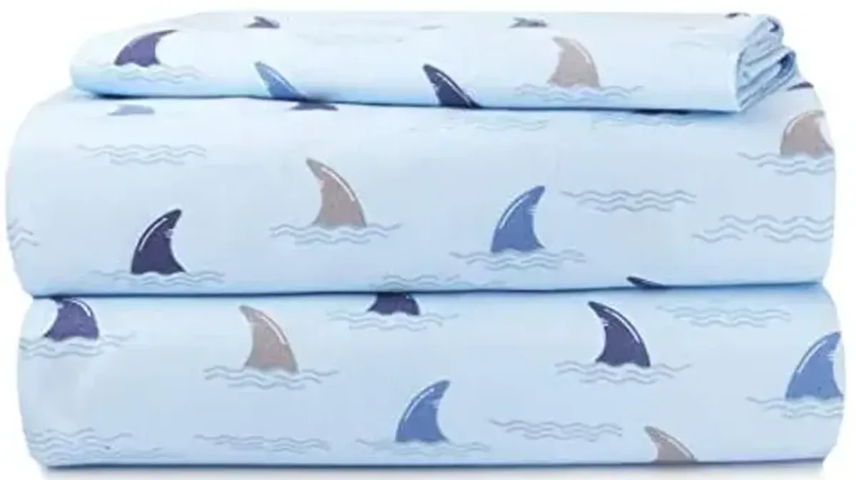 Heritage Kids 3 Piece Sheet Set, Including Top Sheet, Fitted Sheet and Pillow Case, Fintastic Print, Twin, Blue, (K698024)