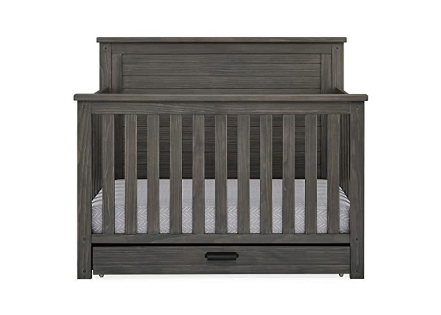 Delta Children Simmons Kids Caden 6-in-1 Convertible Crib with Trundle Drawer, Greenguard Gold Certified, Rustic Grey