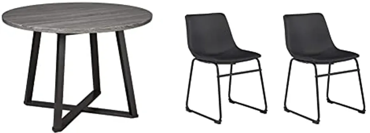 Signature Design by Ashley Centiar Mid Century Round Dining Room Table, Gray & Black and Bucket Chairs, 2 Count, Black