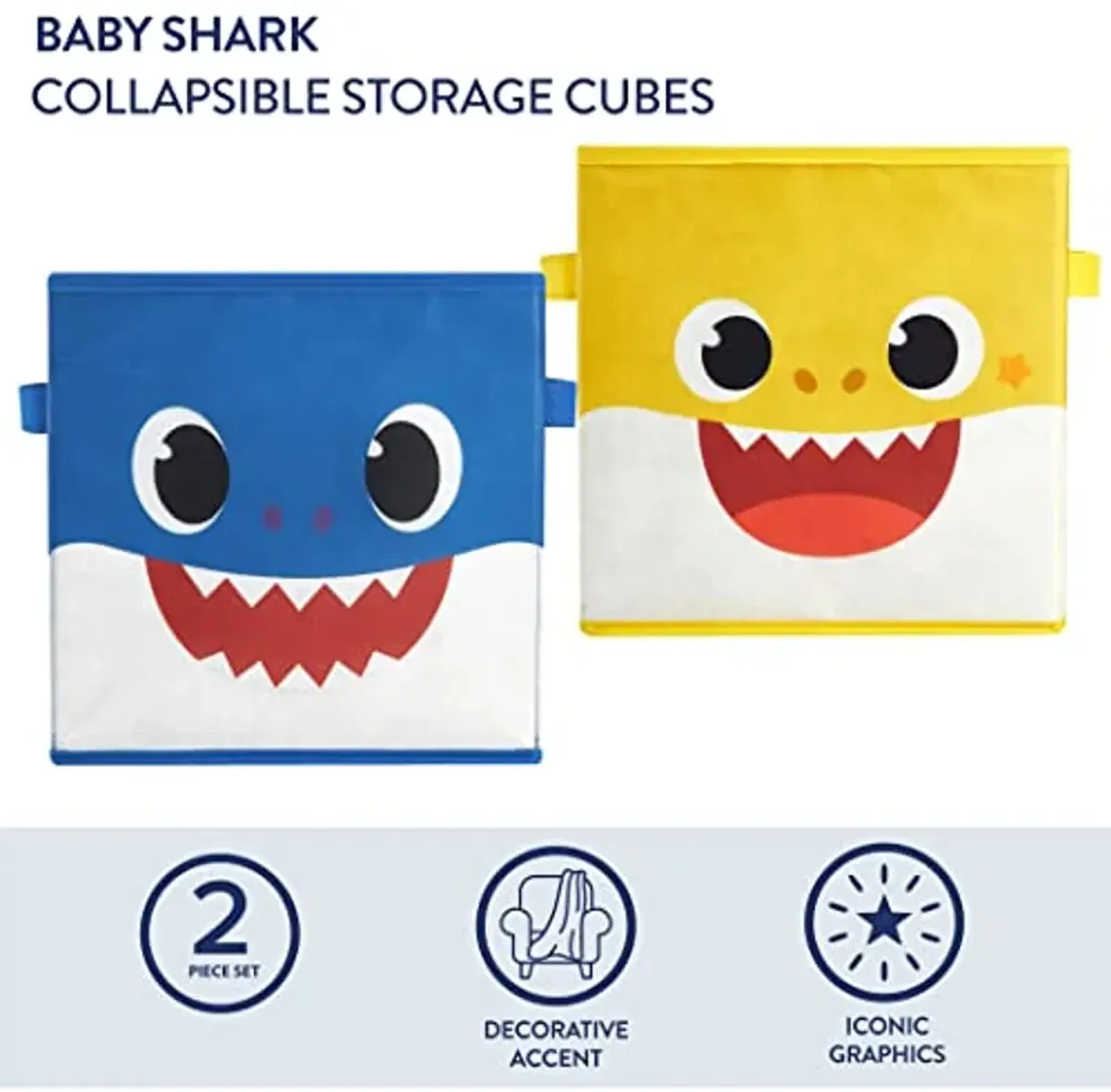 Idea Nuova Baby Shark Collapsible Storage Cubes, Set of 2, 10"x10",Baby Shark Blue/Yellow