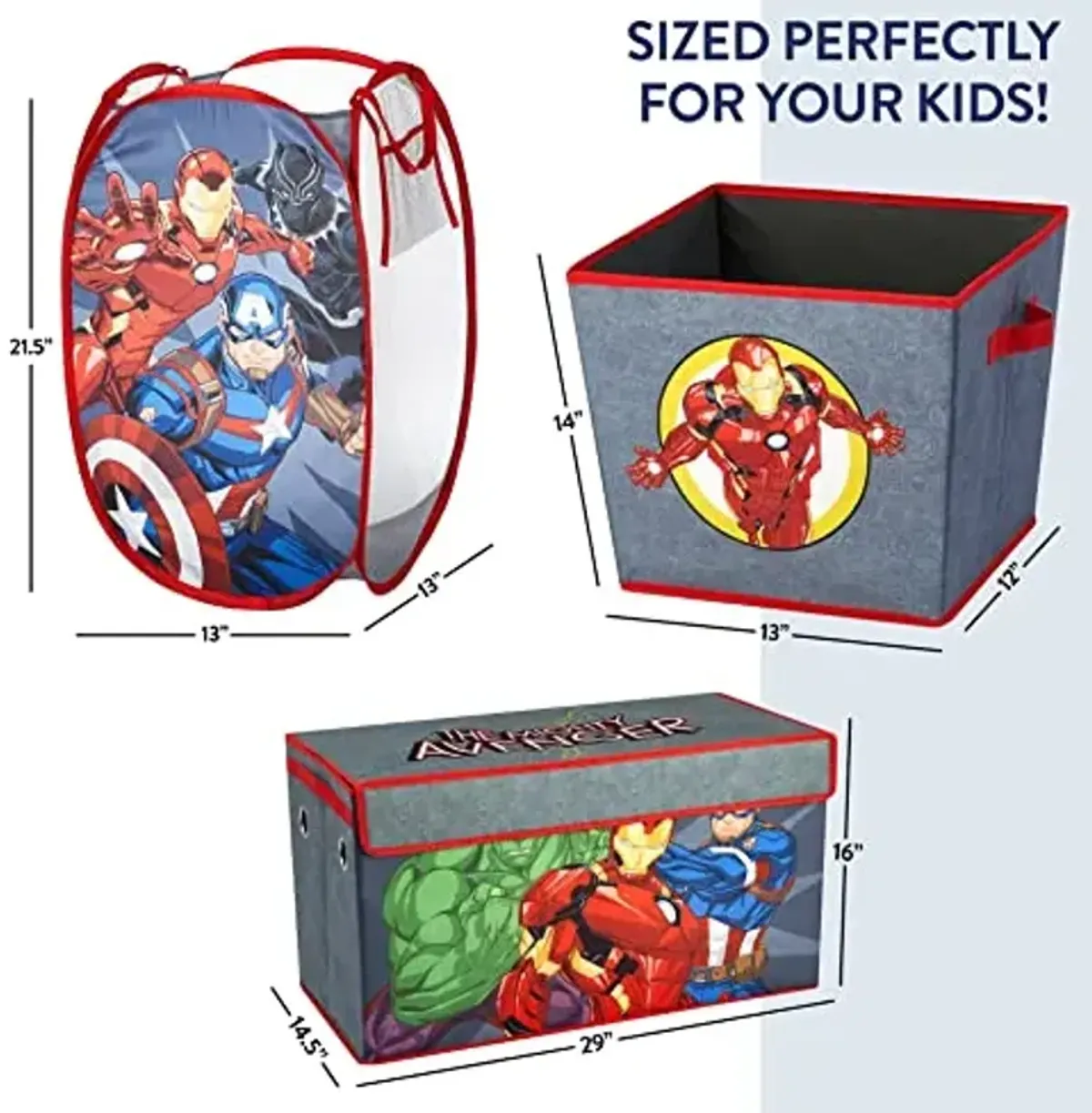 Marvel The Avengers 4 Piece Storage Solution Set with Pop Up Hamper, Collapsible Storage Trunk and 2 Nestable Storage Bins