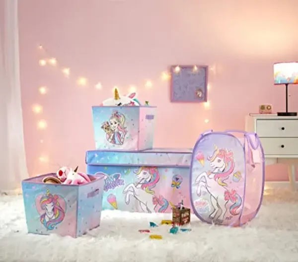 Idea Nuova JoJo Siwa 4 Piece Dreamy Bow Unicorn Storage Solution Set with Pop Up Hamper, Collapsible Storage Trunk and 2 Nestable Storage Bins