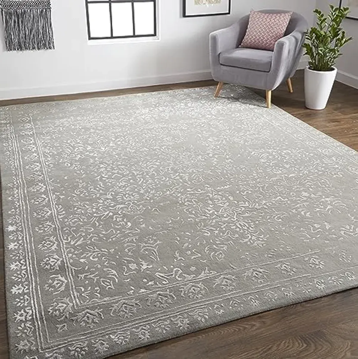 Feizy Bella High/Low Floral Wool Rug, Warm Silver Gray, 8ft x 10ft Area Rug