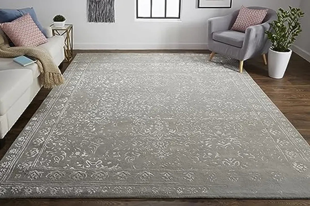 Feizy Bella High/Low Floral Wool Rug, Warm Silver Gray, 8ft x 10ft Area Rug