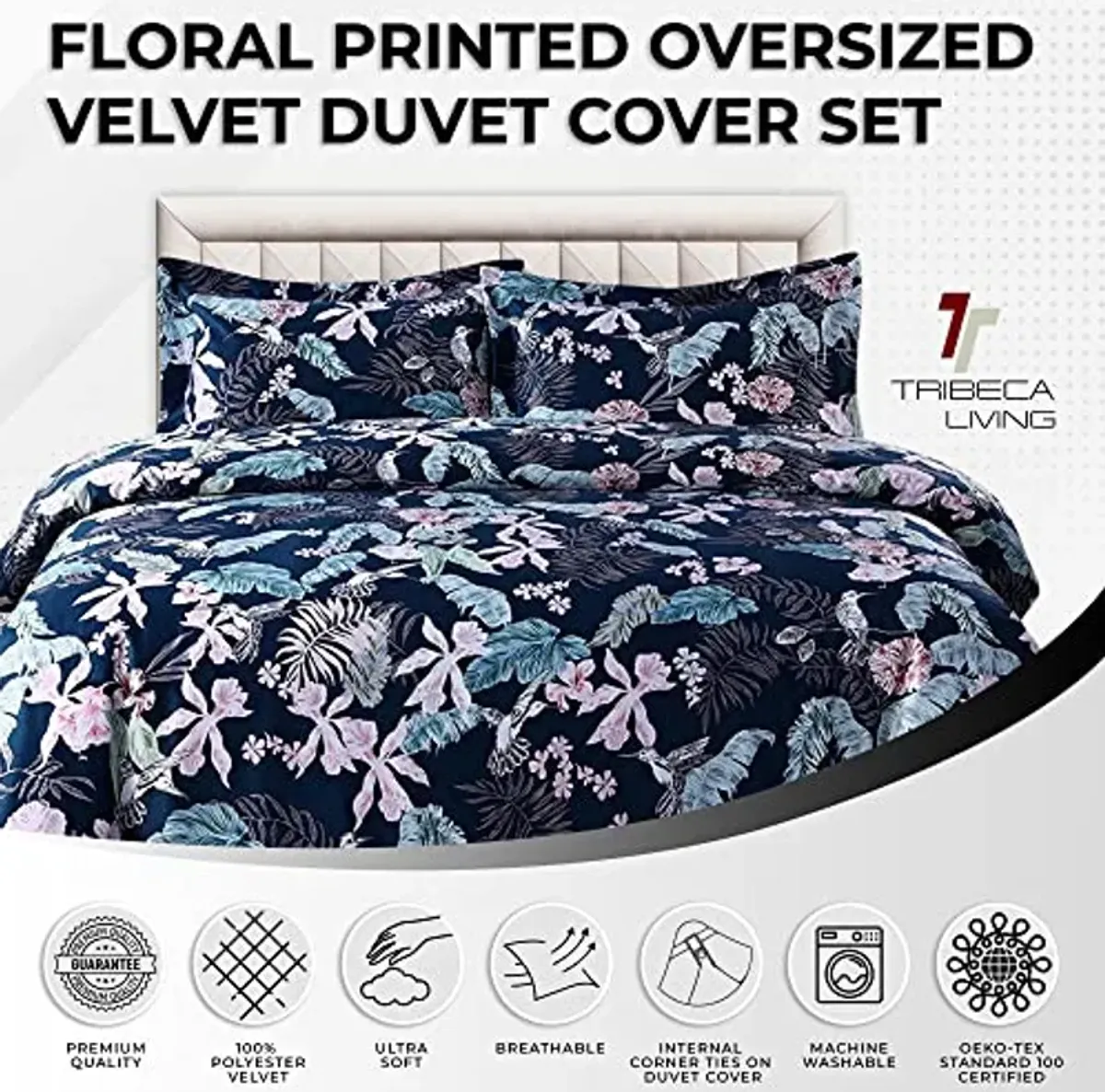 Tribeca Living Velvet Floral Printed Queen Duvet Cover Set, Soft Touch, Oversized, Luxury Three Piece Set Includes One Duvet Cover and Sham Pillowcases, Pariza Multicolor