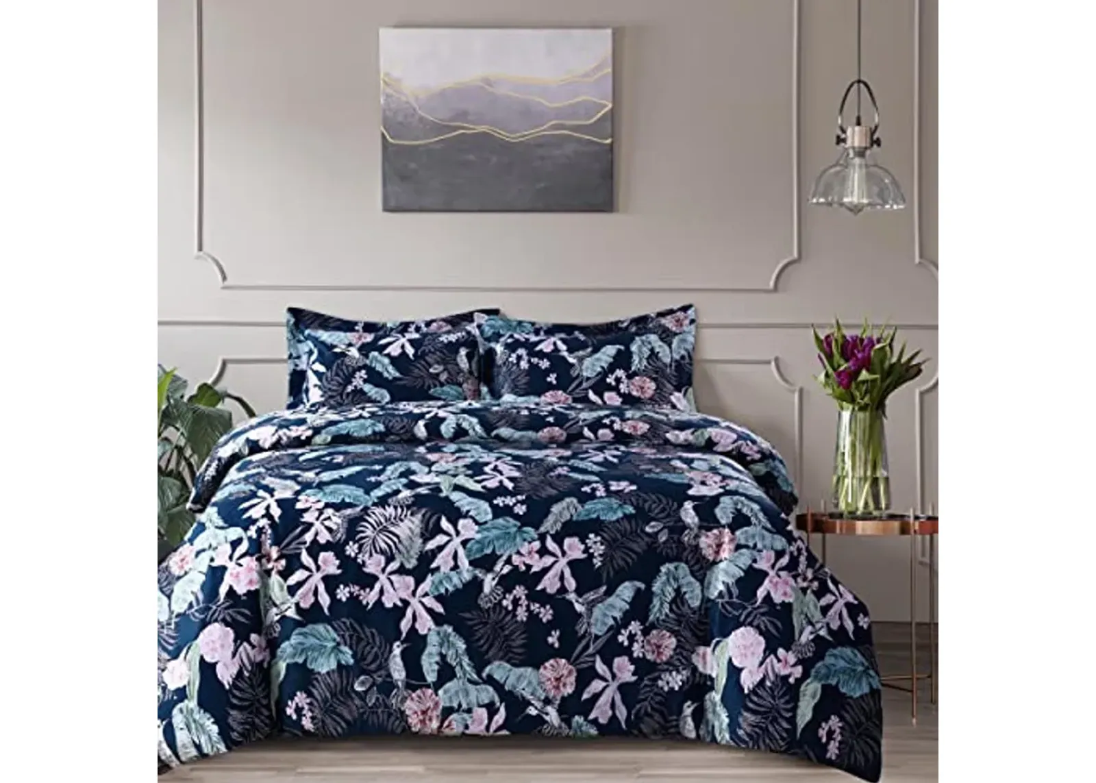 Tribeca Living Velvet Floral Printed Queen Duvet Cover Set, Soft Touch, Oversized, Luxury Three Piece Set Includes One Duvet Cover and Sham Pillowcases, Pariza Multicolor