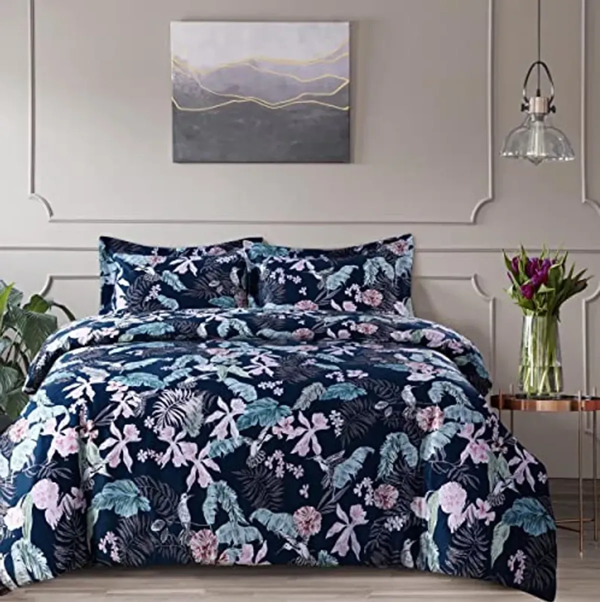 Tribeca Living Velvet Floral Printed Queen Duvet Cover Set, Soft Touch, Oversized, Luxury Three Piece Set Includes One Duvet Cover and Sham Pillowcases, Pariza Multicolor