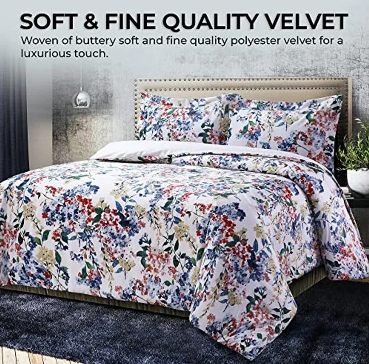 Tribeca Living Velvet Floral Printed King Duvet Cover Set, Soft Touch, Oversized, Luxury Three Piece Set Includes One Duvet Cover and Sham Pillowcases, Floris Multicolor (FLORISDUVETKI)