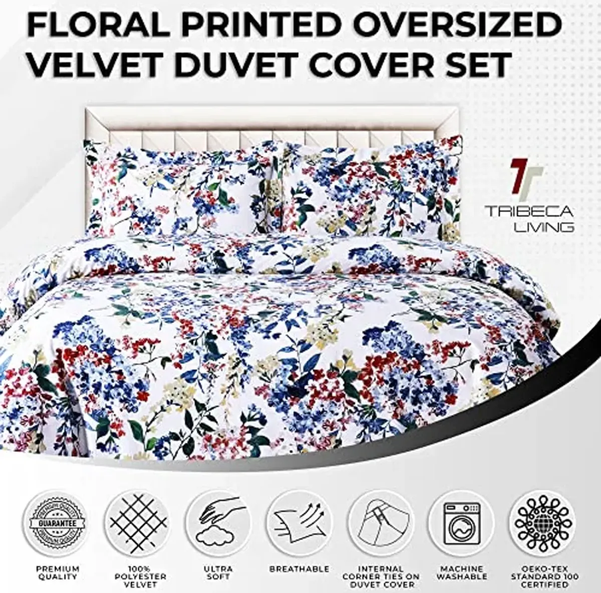 Tribeca Living Velvet Floral Printed King Duvet Cover Set, Soft Touch, Oversized, Luxury Three Piece Set Includes One Duvet Cover and Sham Pillowcases, Floris Multicolor (FLORISDUVETKI)