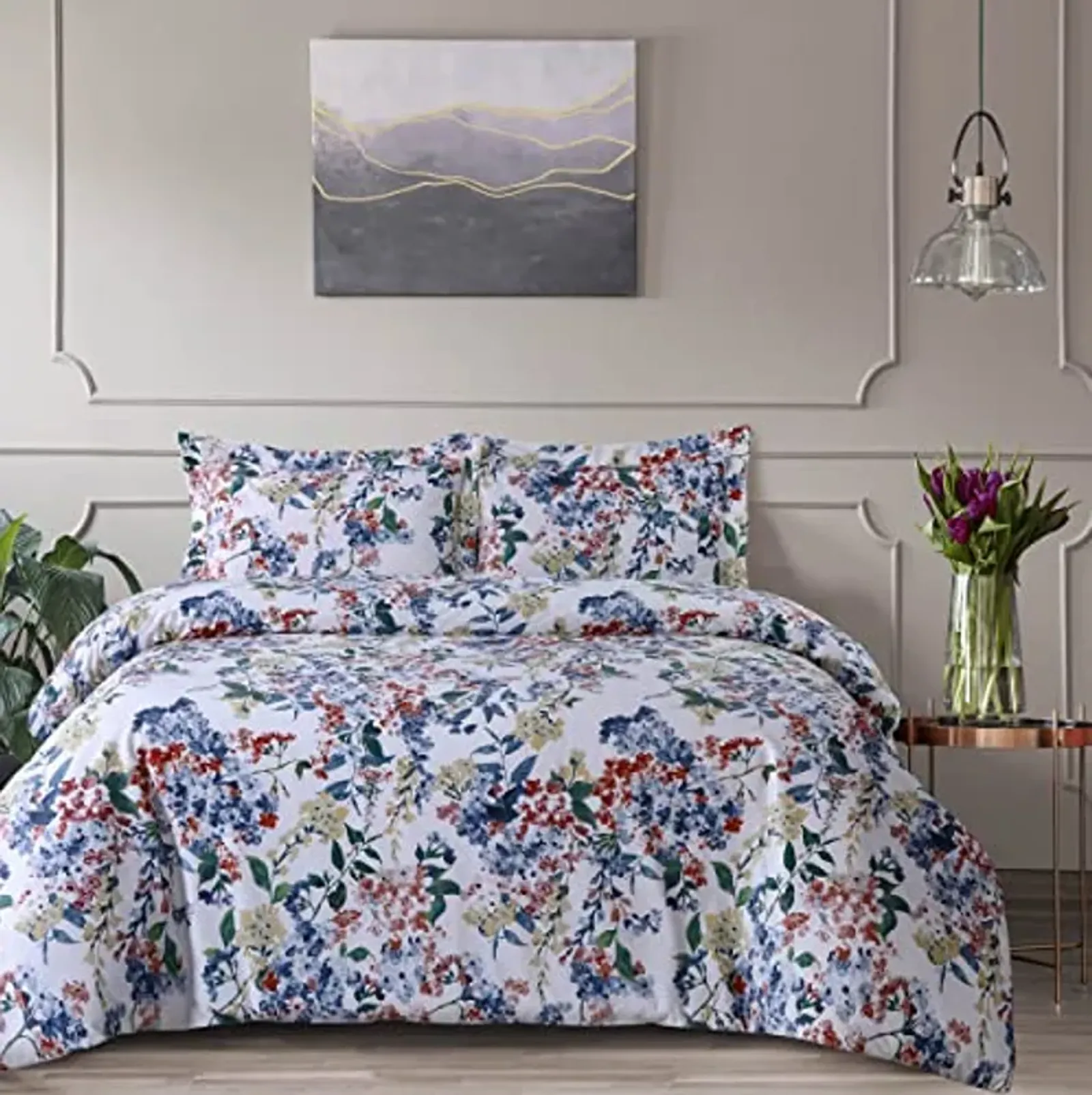 Tribeca Living Velvet Floral Printed King Duvet Cover Set, Soft Touch, Oversized, Luxury Three Piece Set Includes One Duvet Cover and Sham Pillowcases, Floris Multicolor (FLORISDUVETKI)